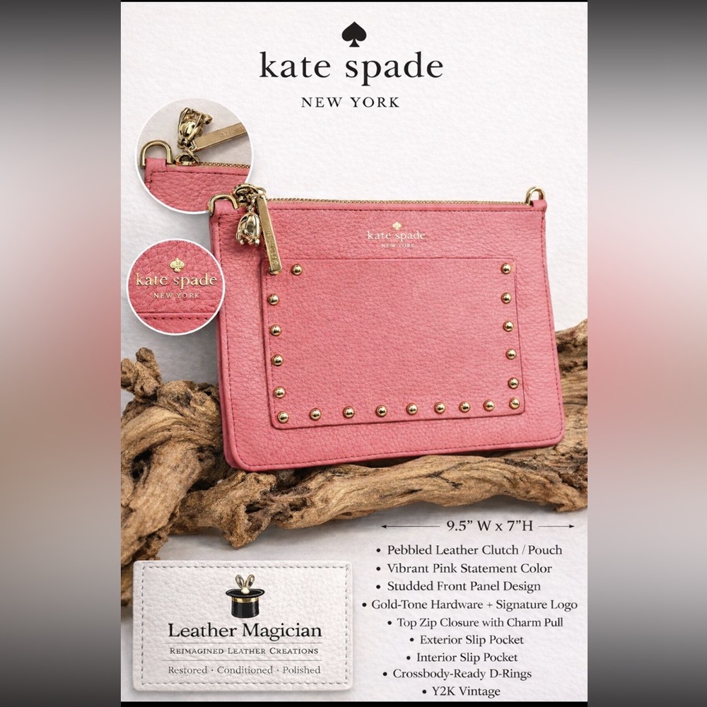 Kate Spade NY Pink Pebbled Leather Studded Clutch Pouch NWOT Crossbody Ready
